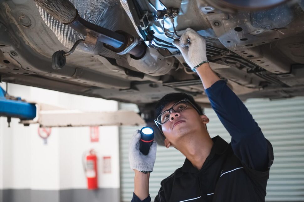 Marcas japonesas de llantas que destacan en México 1 39656042 asian male mechanical hold and shining flashlight to examine car under chassis of automotive vehicle safety suspension inspection check service maintenance for customer before ro Marcas japonesas de llantas que destacan en México